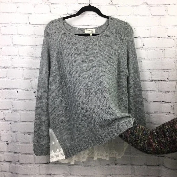 Monteau Los Angeles Grey Swiss Dot Lace Hem Boat Neck Pullover Sweater L - Picture 6 of 16